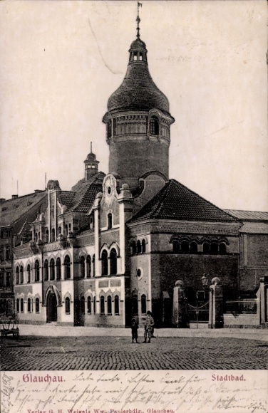 Postcard Glauchau in Saxony, public bath