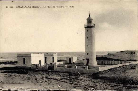 Postcard Casablanca Morocco, The Lighthouse and the Black Rocks, Lighthouse