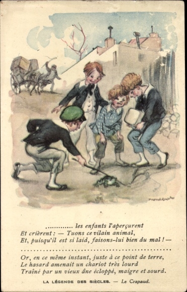 Artist PC Poulbot, Francisque, La Legende des Siecles, Le Crapaud, kinderen spelen met pad