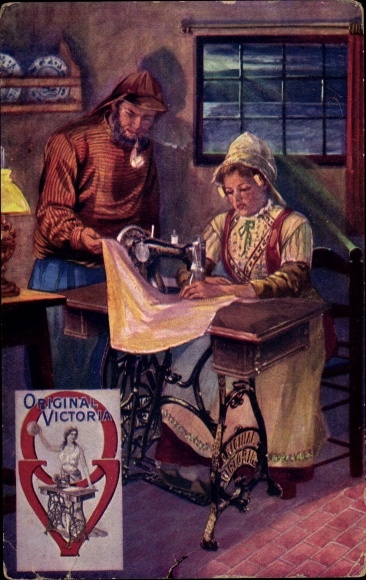 Fabryka maszyn do szycia KP Original Victoria H. Mundlos & Co. Magdeburg, kobieta w kostiumie, rybak