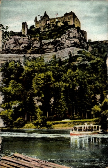Ak Bad Kösen Naumburg an der Saale, Rudelsburg, Motorboot