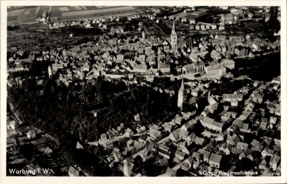 Postcard Warburg in Westphalia, aerial view of churches, houses, landscape