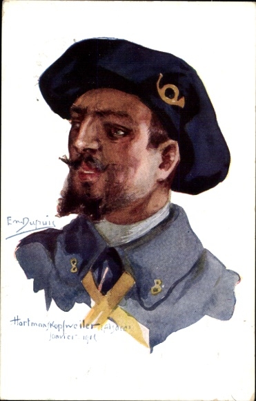 Kunstenaarskaart Dupuis, Emil, Hartmanskopfweiler, soldaat in uniform, posthoorn