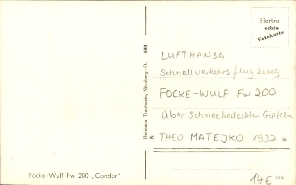 Artist Postcard Matejko, commercial aircraft Focke Wulf Fw 200 Condor in the mountains
