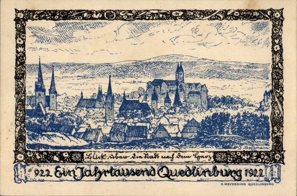 Artist Postcard Spitzmann, Quedlinburg in the Harz Mountains, total view, millennium celebrations 1922