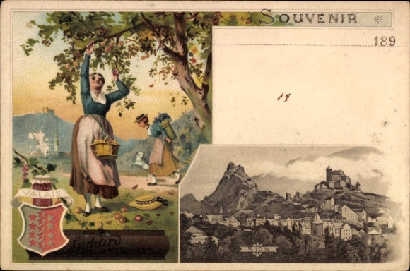 Litho Sion Kanton Wallis, Werbung Suchard, Wappen, Frau beim Pflücken