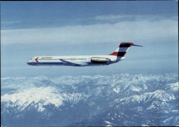 Postcard Austrian passenger aircraft of Austrian Airlines, McDonnell Douglas MD-81
