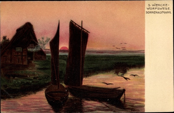 Artist Chromo-Litho Wencke, S., Worpswede in Lower Saxony, sunrise, sailing boats
