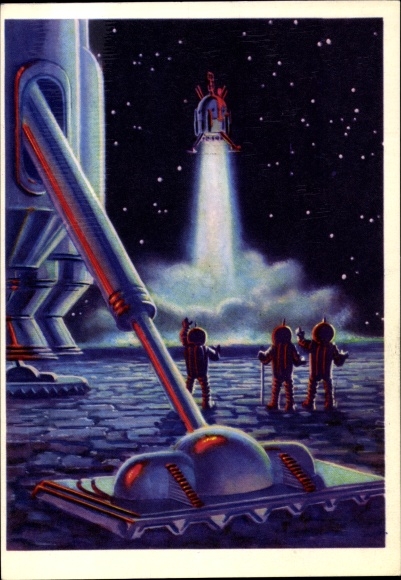 Artist Postcard Leonow, A., Sokolow, A., Soviet space travel, cosmonauts on the moon, spacecraft