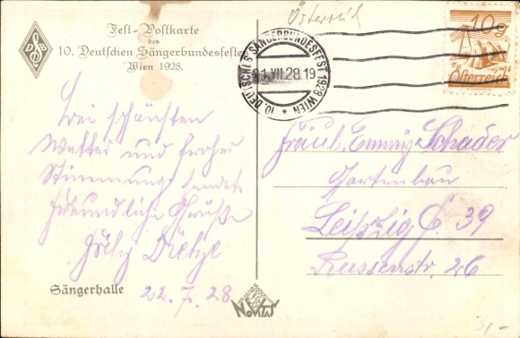 Artists Postcard Vienna, 10th German Singers' Festival 1928, Sängerhalle