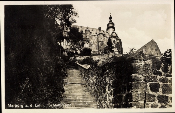 Postcard Marburg an der Lahn, castle staircase, stone steps, view of the castle, architecture