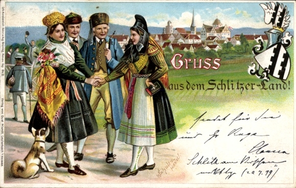 Artist coat of arms Chromo-Litho Schultz, Schlitz in Hesse, people in Hessian costumes