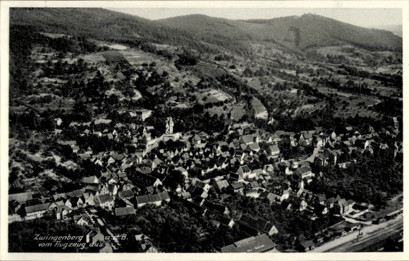 Postcard Zwingenberg on the Bergstraße in Hesse, aerial view of houses, mountains in the background