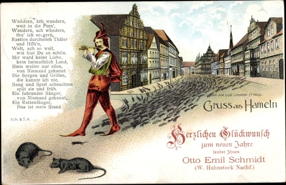 Litho Hameln in Niedersachsen, Rattenfänger mit Ratten zieht durch die Osterstraße, Gedicht