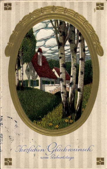 Embossed PC Happy Birthday, birch trees, houses