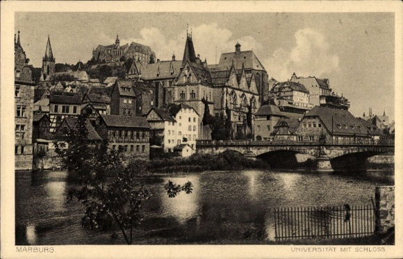 Postcard Marburg an der Lahn, university with castle, river, bridge, buildings