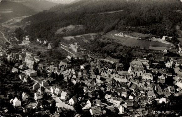 Postcard Adenau in the Eifel, aerial photograph of the Eifel, black and white, hilly landscape, numerous...
