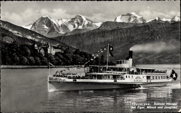 Postcard Vevey Canton of Vaud, MS Blümlisalp, Hünegg Castle, Eiger, Mönch and Jungfrau