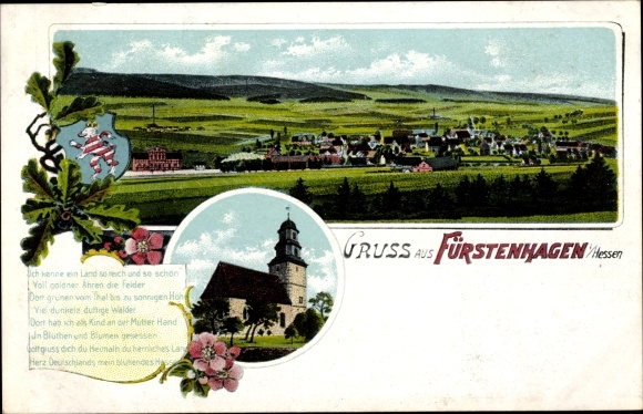 lito Fürstenhagen Hessisch Lichtenau, panoramiczny widok na miasto i okolice, kościół, herb