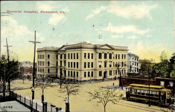 Ak Richmond Virginia USA, Memorial Hospital, Straßenbahnhof, Bäume, historische Architektur