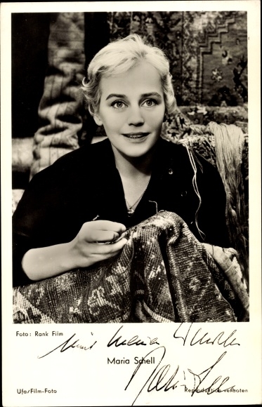 Postcard actress Maria Schell, portrait, sewing, Ufa film, the angel with the trombone, autograph