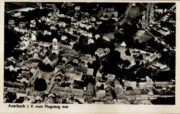 Postcard Auerbach im Vogtland, aerial photograph