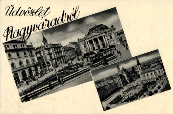Ak Oradea Nagyvárad Roemenië, zwart-witfoto's, stadsgezicht, gebouwen,