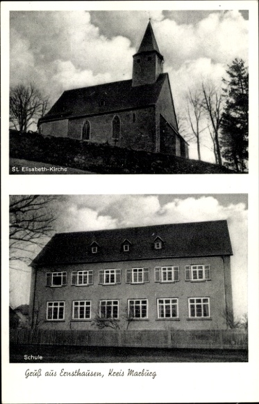 Postcard Ernsthausen Burgwald North Hesse, school, Saint Elisabeth Church