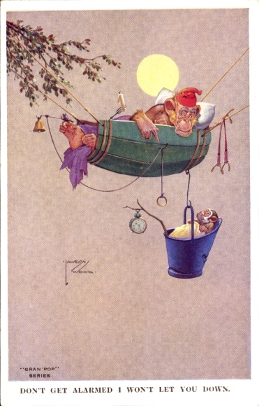 Artist Postcard Wood, Lawson, monkeys, hammock
