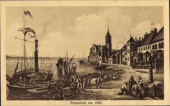 PC Emmerich on the Lower Rhine, harbor view, ships, buildings, scene, Emmerich around 1860
