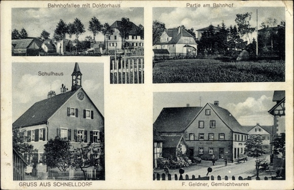 Ak Schnelldorf in der Frankenhöhe Bayern, Bahnhofallee, Doktorhaus, Schulhaus, Gemischtwaren Geldner