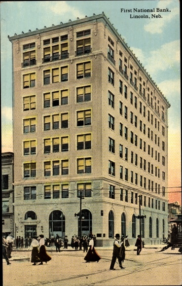 Briefkaart Lincoln Nebraska de VS, Eerste Nationale Bank