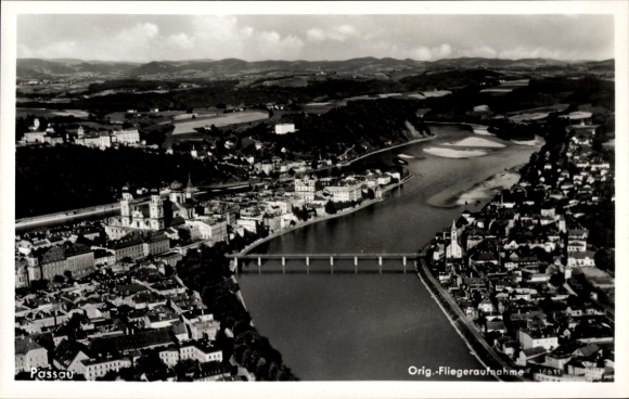 Postcard Passau in Lower Bavaria, aerial photograph