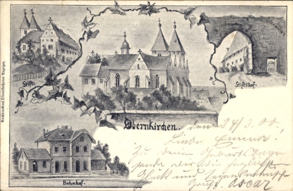 Artist Postcard Obernkirchen district Schaumburg, train station, monastery courtyard, monastery