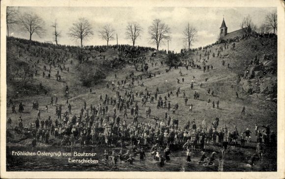 Ak Bautzen in der Oberlausitz, Fröhliche Ostergrüße vom Eierschieben