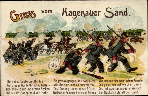 Lithogroet uit Hagenauer Zand, soldaten vast in het zand