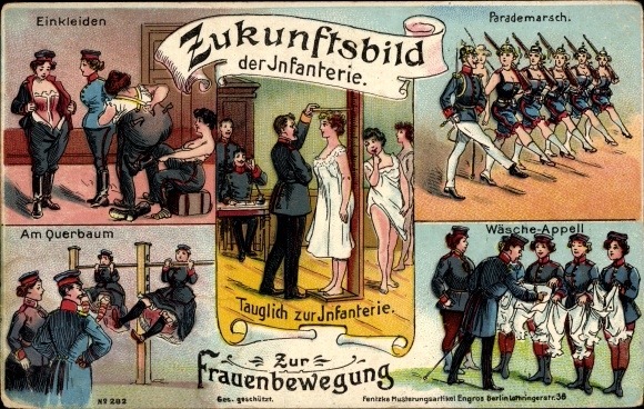 Chromo-Litho image of the future of the infantry, greeting from the muster, women's movement, women in the military