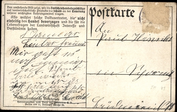 Postcard intermediate trade surcharges on agricultural products in Berlin, meat, bread, milk