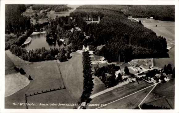 Postcard Bad Wörishofen in Unterallgäu, aerial view of Sonnenbüchl, forest, lake
