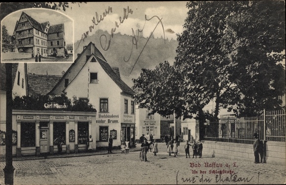 Postcard Nassau in the Rhein Lahn district, lot on Schlossstrasse, bookbinding, owner Theodor Brunn