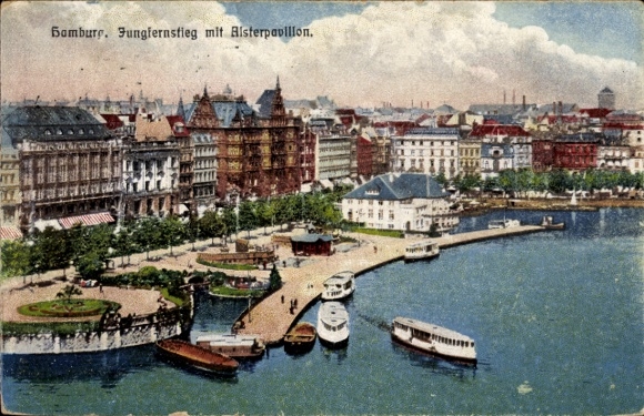 Postcard Hamburg Mitte St. Georg, Jungfernstieg with Alsterpavillon.