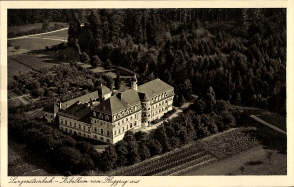 Postcard Langensteinbach Karlsbad in Baden, Langensteinbach-Bibelheim, aerial view, buildings with towers