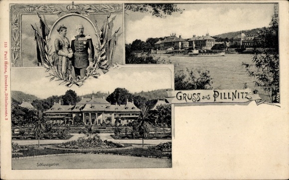 Postcard Dresden Pillnitz, castle garden, castle, couple, river, landscape