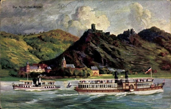 Ak Bornhofen am Rhein, Ruinen Steinberg und Liebenstein, die feindlichen Brüder, Dampfer