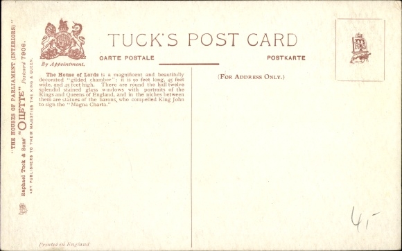 Artist Postcard Flower, Charles E., London, The House of Lords, Parliament, Tuck 7906