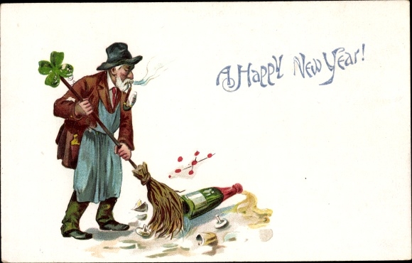 Postcard Congratulations New Year, New Year, street sweeper, champagne bottle and glasses, shamrock