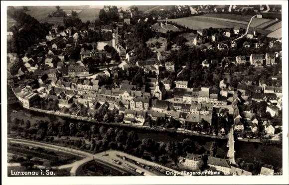 Postcard Lunzenau in Saxony, aerial view of cityscape, river, buildings