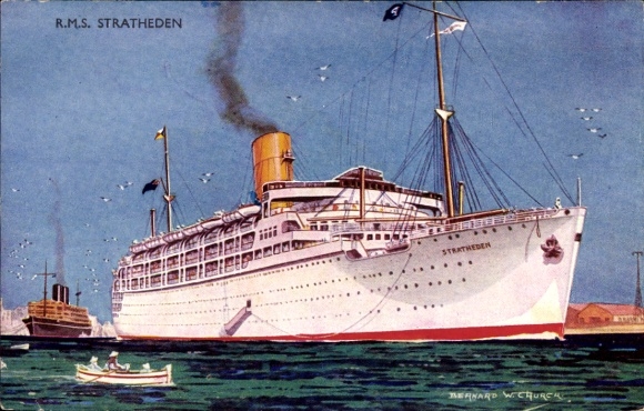 Kunstenaarsansichtkaart Stoomboot RMS Stratheden, Peninsular & Oriental Steam Navigation