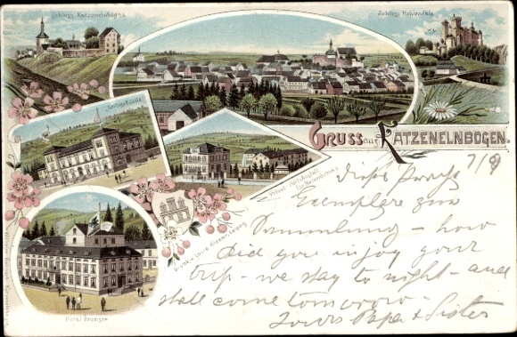 Chromo-Litho Katzenelnbogen in Rhineland Palatinate, castle, official building, sanatorium, hotel