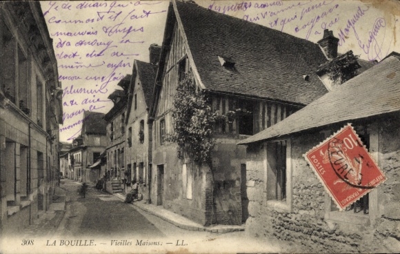 PC La Bouille Seine Maritime, old town with narrow street, half-timbered houses, postmark